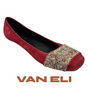 VAN ELI Red Shoes Suede Multi Color Rhinestone Flats-Size 9.5 M Square Toe